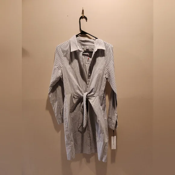 calvin klein grey striped dress Calvin Klein Fit & Flare Gray Knit Mini Sweater Dress M Striped SIZE PS